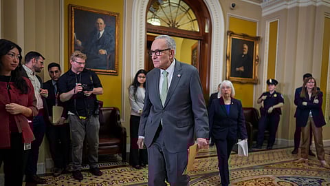 Senate Minority Leader Chuck Schumer, D-N.Y., arrives to speak with reporters at the Capitol in Washington, Tuesday, March 3, 2026.