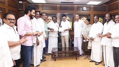 Tamil Nadu Chief Minister MK Stalin and TNCC president K. Selvaperunthagai with party leaders after the DMK and Congress finalised a seat-sharing pact for the Tamil Nadu Assembly elections in Chennai on Wednesday, March 4, 2026.