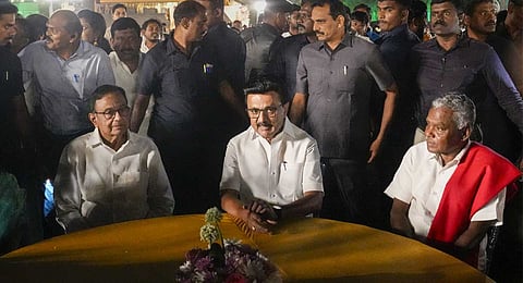 Tamil Nadu Chief Minister MK Stalin, center, with Congress leader P Chidambaram, left, and others during his daughter's wedding engagement ceremony on the outskirts of Chennai, Tuesday, March 3, 2026.