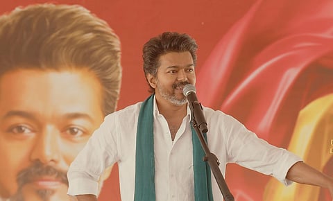 Actor turned politician Vijay addressing a meeting of TVK functionaries at Ayyasamipatti in Thanjavur. 