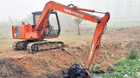 Desilting operations in outfall drains are being carried out with the help of JCBs.