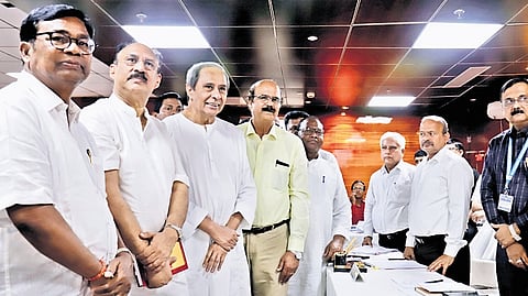 Santrupt Misra and Dr Datteswar Hota file their nominations for Rajya Sabha polls in presence of BJD chief Naveen Patnaik and OPCC president Bhakta Charan Das at State Assembly secretariat in Bhubaneswar on Thursday 