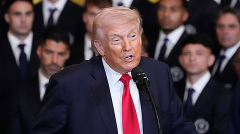 President Donald Trump speaks about the Iran war during an event to honor the 2025 Major League Soccer champions Inter Miami CF in the East Room of the White House, Thursday, March 5, 2026, in Washington.