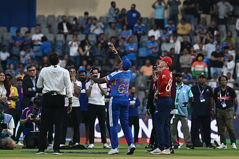 Captains Suryakumar Yadav and Harry Brook during toss at Wankhede Stadium