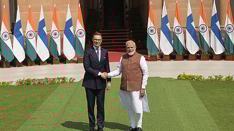 Prime Minister Narendra Modi exchanges a handshake with Finland President Alexander Stubb at Hyderabad House in New Delhi, Thursday, March 5, 2026.