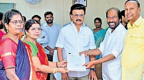 Chief Minister MK Stalin with DMK candidate Tiruchi N Siva