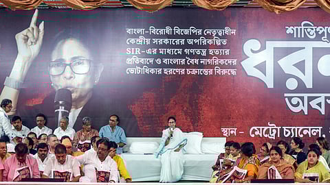 West Bengal chief minister and TMC supremo Mamata Banerjee during a sit-in protest over SIR issues in Kolkata on Friday, March 6, 2026.