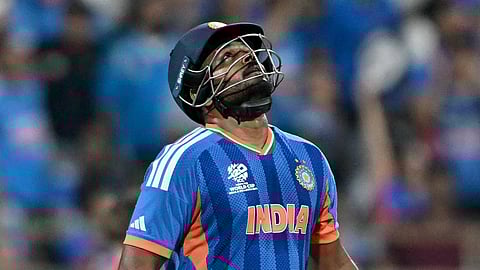 India's Sanju Samson celebrates after scoring a half-century (50 runs) during the 2026 ICC Men's T20 Cricket World Cup semi-final match between India and England at the Wankhede Stadium in Mumbai on March 5, 2026. 