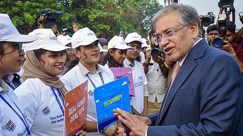 Chief Election Commissioner Gyanesh Kumar interacts with students during a voter awareness programme, in Kochi, Friday, March 6, 2026.