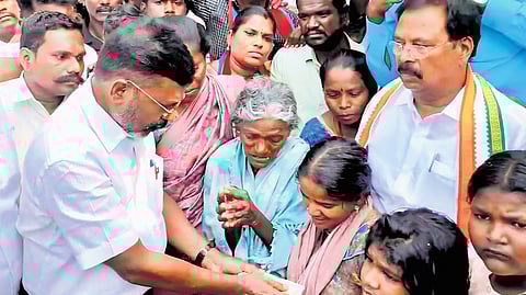 VCK president Thol Thirumavalavan meeting the family of John, a physically challenged SC youth, who was murdered in Nanguneri.