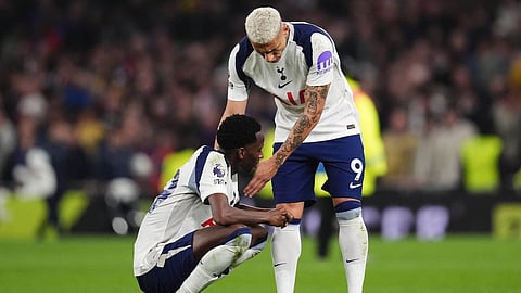 Tottenham Hotspur's Pape Matar Sarr, left, and Richarlison react after the English Premier League soccer match between Tottenham Hotspur and Crystal Palace in London, Thursday March 5, 2026.