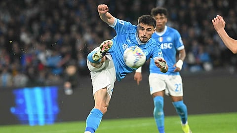 Napoli's Eljif Elmas scores their second goal during the Serie A soccer match between Napoli and Torino in Naples, Italy, Friday March 6, 2026. 