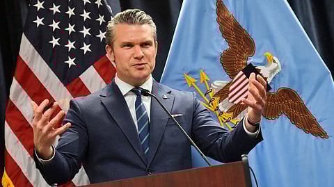 US Secretary of Defense Pete Hegseth speaks during a press conference.