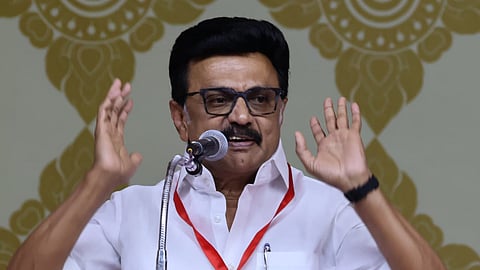 TN Chief Minister M K Stalin addressing at the cadres induction event held in Madurai on Saturday. 