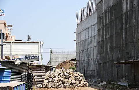 A view of the incomplete portion of the road overbridge near the Fort railway station in Tiruchy