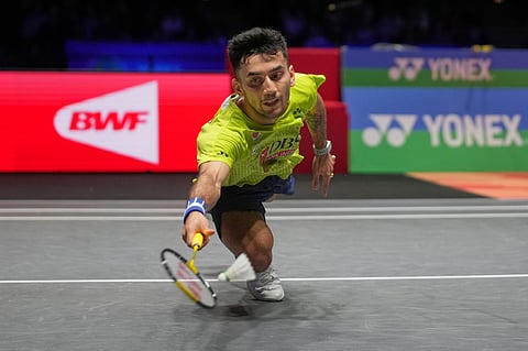 Lakshya Sen in action against Victor Lai on Saturday