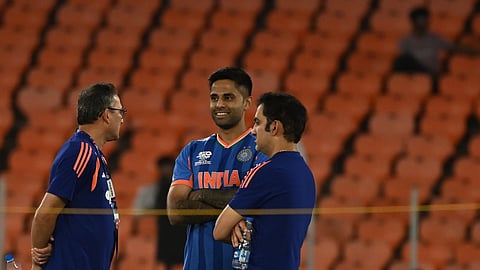 India captain Suryakumar Yadav, head coach Gautam Gambhir and chief selector Ajit Agarkar in Ahmedabad on Saturday