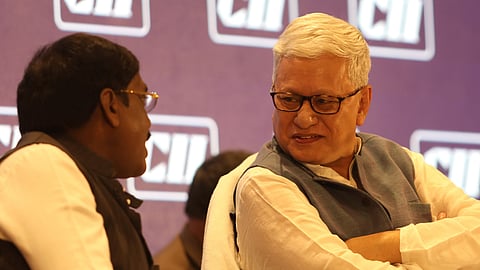 G Vivek Venkataswamy, Minister for Labour and Mines interacts with Telangana Governor Jishnu Dev Varma at the annual meeting of Confederation of Indian Industry at Somajiguda in Hyderabad