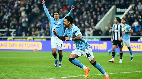 Manchester City's Savinho (26) celebrates scoring the team's first goal during the English English FA Cup fifth round football match between Newcastle United and Manchester City on March 7, 2026.