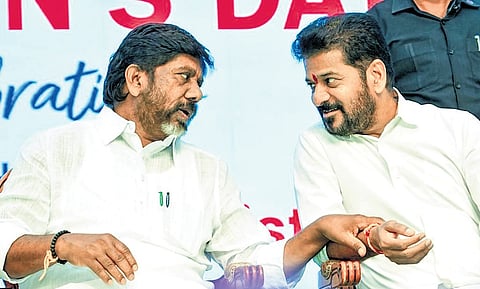 Chief Minister A Revanth Reddy along with Deputy CM Mallu Bhatti Vikramarka during the Women’s Day celebration at Praja Bhavan in Hyderabad.