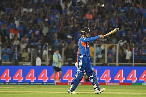 Abhishek Sharma celebrates his fifty against New Zealand on Sunday