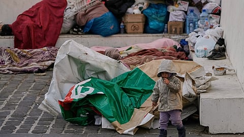 Displaced people fleeing Israeli airstrikes in Dahiyeh, Beirut's southern suburbs, sleep at Martyrs' Square in downtown Beirut, Lebanon, Saturday, March 7, 2026.