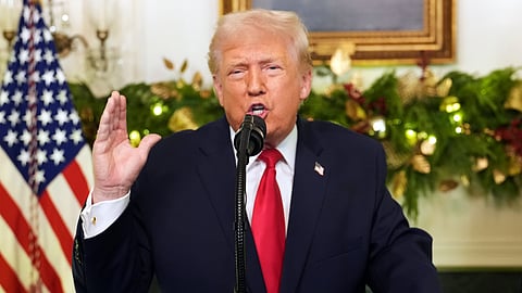 US President Donald Trump speaks during an address to the nation from the Diplomatic Reception Room at the White House, Wednesday, Dec. 17, 2025, in Washington.