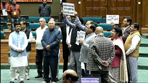 Opposition MLAs staged a demonstration during Governor Lieutenant General (Retd) Gurmeet Singh's customary address on the first day of Uttarakhand Budget session on March 9, 2026.