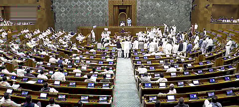 Opposition protest seeking debate in Lok Sabha on LPG crisis.