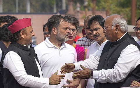 LoP in Lok Sabha Rahul Gandhi, LoP in Rajya Sabha Mallikarjun Kharge, Samajwadi Party MP Akhilesh Yadav in Parliament.