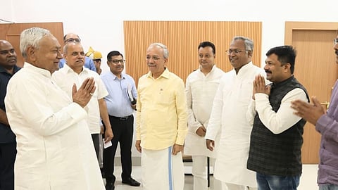Karnataka Janata Dal (United) chief Mahima Patel greets party supremo and Bihar Chief Minister Nitish Kumar in Patna on Sunday 