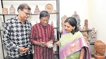 Guha Poonam Tapas Kumar and Santosh Mohapatra at the crafts showroom in Ekamra Haat.