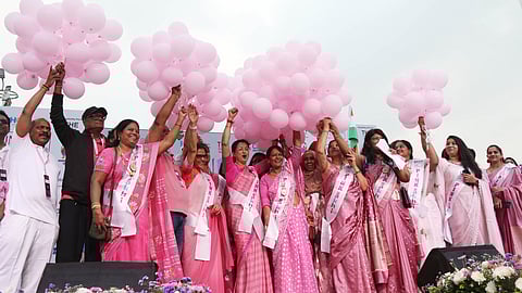 Women enthusiastically participate at the International Women’s Day celebrations on Beach Road in Visakhapatnam on Sunday