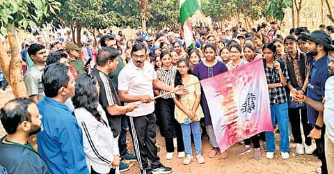 EAGLE chief Ake Ravi Krishna at a trekking programme organised on the occasion of International Women’s Day at AIIMS Eco Park in Mangalagiri.