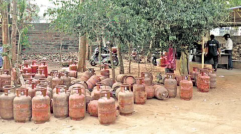 LPG cylinders lined up at a godown at BJB Nagar in Bhubaneswar on Tuesday.