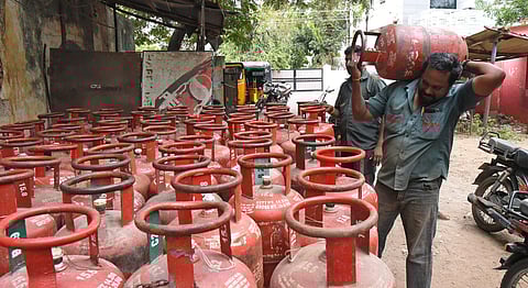 Staffs at a gas agency supplying domestic LPG cylinders in Tiruchy, Tamil Nadu, on Tuesday, March 10, 2026
