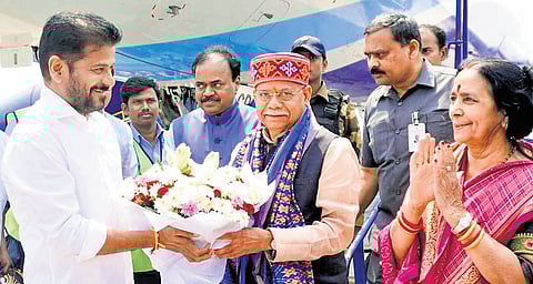 CM A Revanth Reddy accords a warm welcome to Shiv Pratap Shukla, set to take oath as the state’s Governor, at RGIA on Tuesday. 