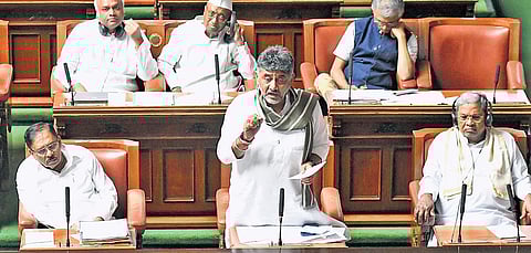 Deputy Chief Minister DK Shivakumar makes a point in the Legislative Assembly on Tuesday.