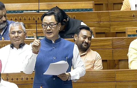 Union Parliamentary Affairs Minister Kiren Rijiju  speaks during the debate on the no-confidence motion against the Speaker in Lok Sabha on March 10, 2026. 