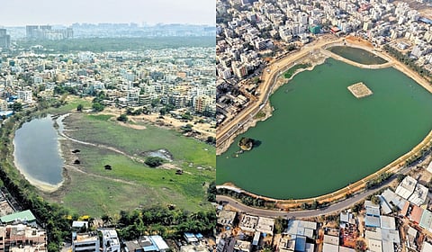 ‘Before’ and ‘after’ pictures of Nalla Cheruvu in Kukatpally that was rejuvenated by HYDRAA and inaugurated by Chief Minister A Revanth Reddy in Hyderabad on Monday.