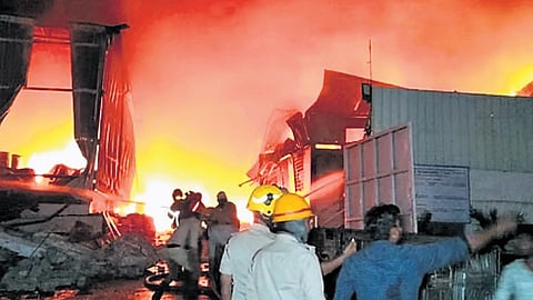 The fire personnel worked overnight to douse the fire at a cable factory in Bashettihalli Industrial Area on March 9, 2026.