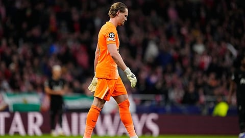 Tottenham's goalkeeper Antonin Kinsky leaves the field after substitution during the first leg of the Champions League round of 16 soccer match between Atletico Madrid and Tottenham in Madrid, Spain, Tuesday, March 10, 2026.