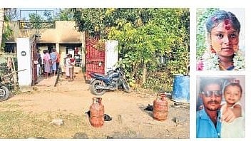 The house in Kannivakkam near Guduvanchery where a fire broke out. (Inset: The deceased Chitra (29), Parthiban (34) and two-year-old Jayashree.)
