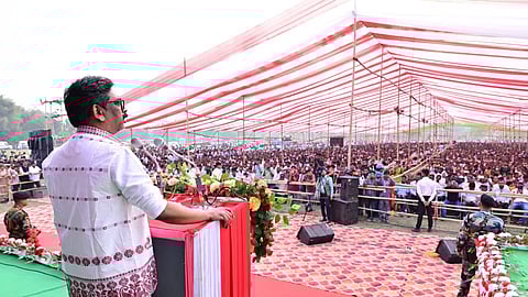 Chief Minister Hemant Soren addressing a political awareness rally held at the Mijikajan Tea Estate in Assam.