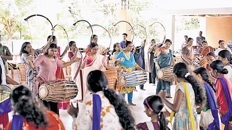 The 75-member all-women panchavadhyam team from Edappal.