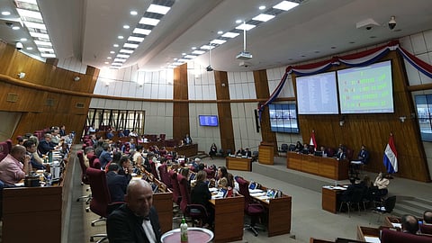 Paraguayan lawmakers from the Chamber of Deputies meet for a final vote on the Status of Forces Agreement (SOFA) military agreement between the U.S. and Paraguay in Asuncion, Paraguay, Tuesday, March 10, 2026.