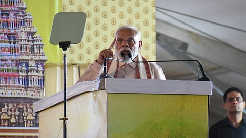 Prime Minister Narendra Modi at a public meeting at Panjappur in Tiruchy on Wednesday. (Express Photo | MK Ashok Kumar)
