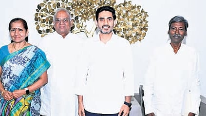 Amara Charitable Trust Managing Trustee Bachu Krishna Kumar along with his wife called on HRD Minister Nara Lokesh in Undavalli on Tuesday 