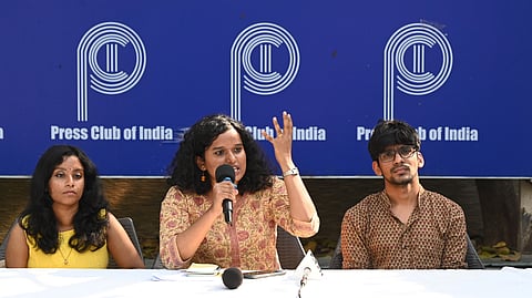 Jnusu President Aditi mishra along with jnusu vice president kizhakoot Gopika babu and others adresses a press conference at Press Club Of India in New Delhi on Wednesday.