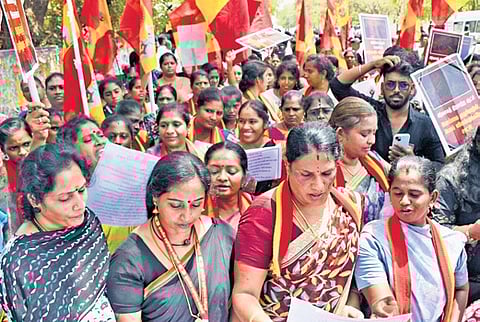 TVK cadre staging a demonstration against the state government in Tiruchy on Thursday 